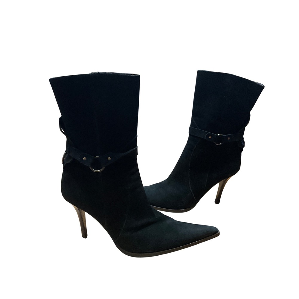Paciotti Radform Black Suede Pointed Toe Stiletto Boots with Ankle Strap Size 38